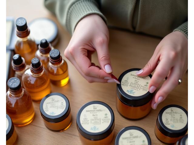 Cosméticos artesanales siendo envasados a mano con etiquetas ecológicas