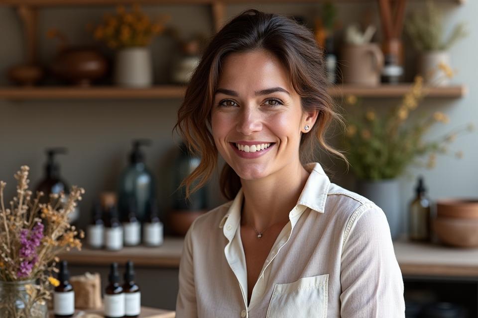 Fundadora de Artesanía Floral en nuestro taller de Madrid, rodeada de ingredientes naturales para cosméticos.